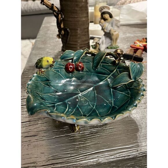 Majolica Pottery Footed Green Cabbage Leaf Bowl w/ Bird & Cherries EUC